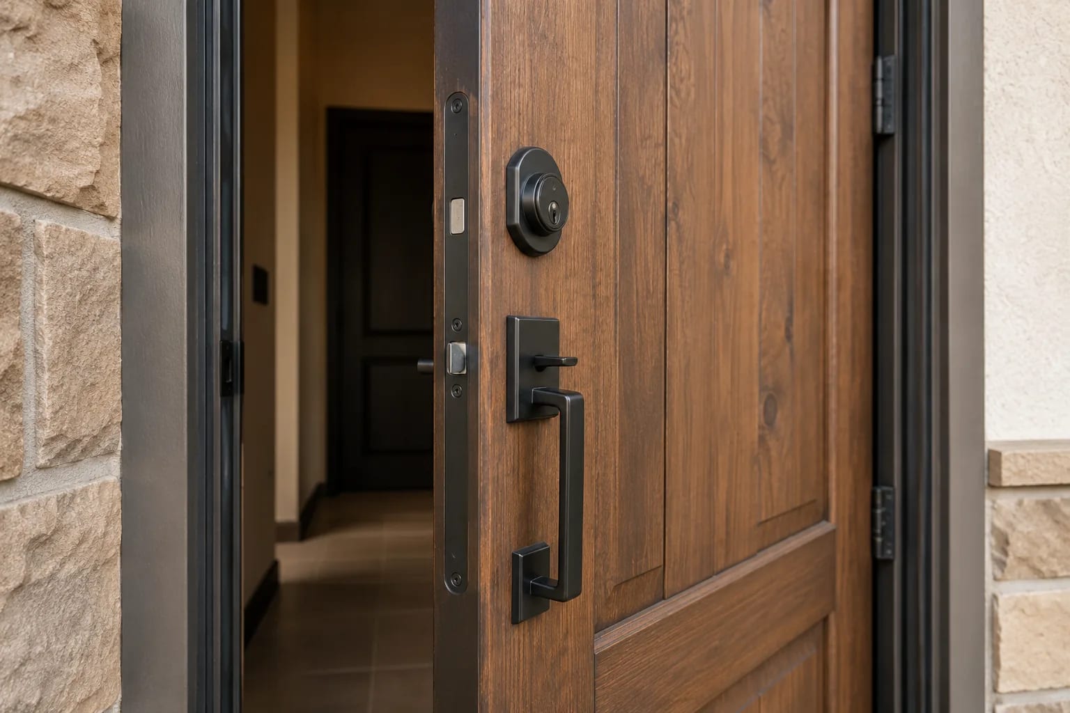 Entry door deadbolt, reinforced strike, solid jamb, and substantial hinges