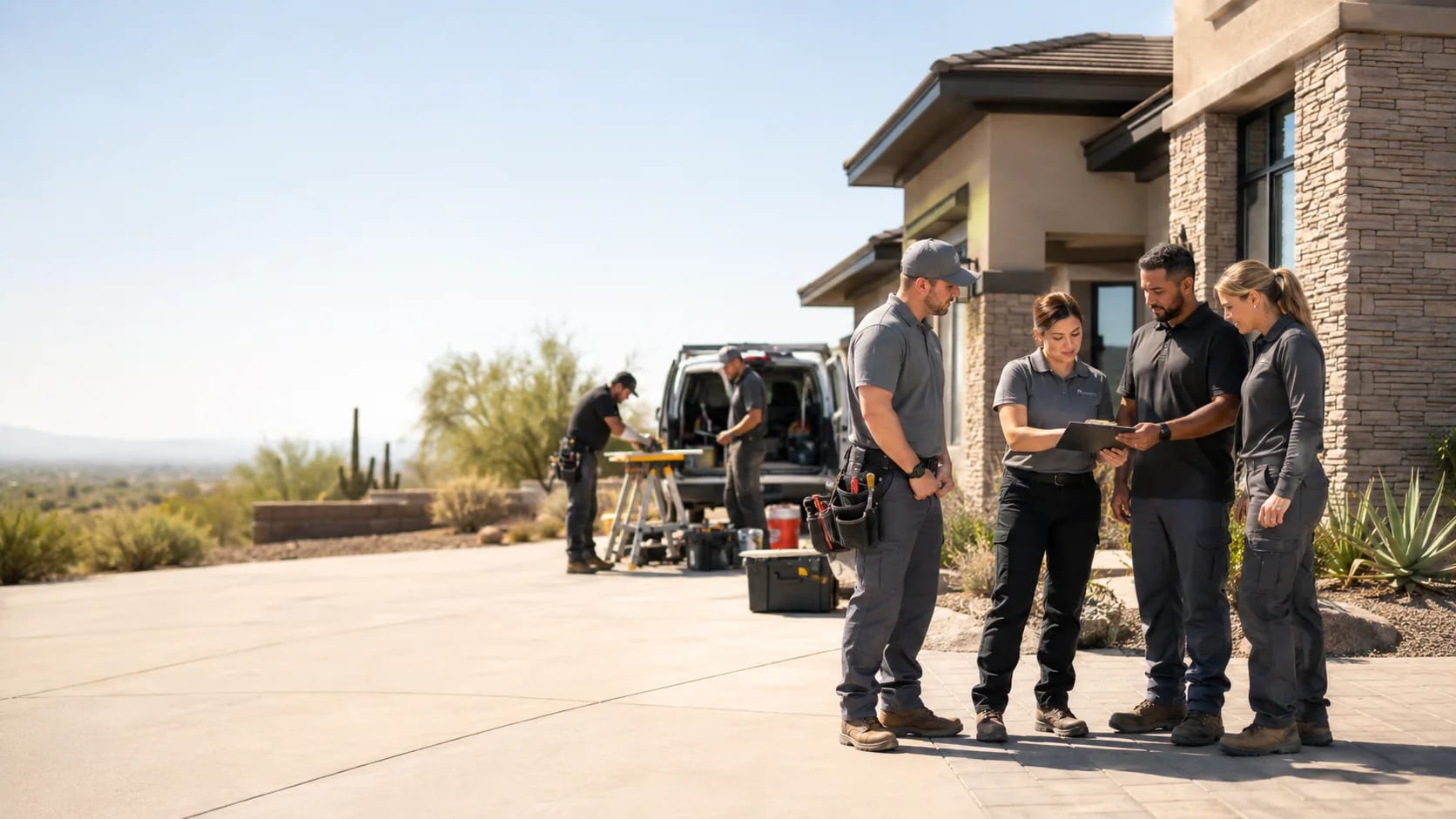 Renmark field team reviewing plans and equipment outside an Arizona home