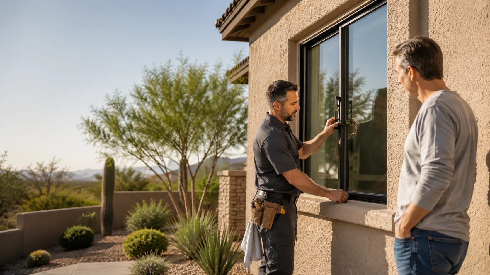 Renmark professional inspecting a replacement window with an Arizona homeowner