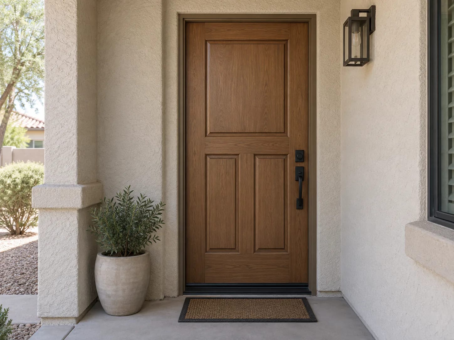 Illustration of a wood-grain entry door in a shaded Arizona entrance