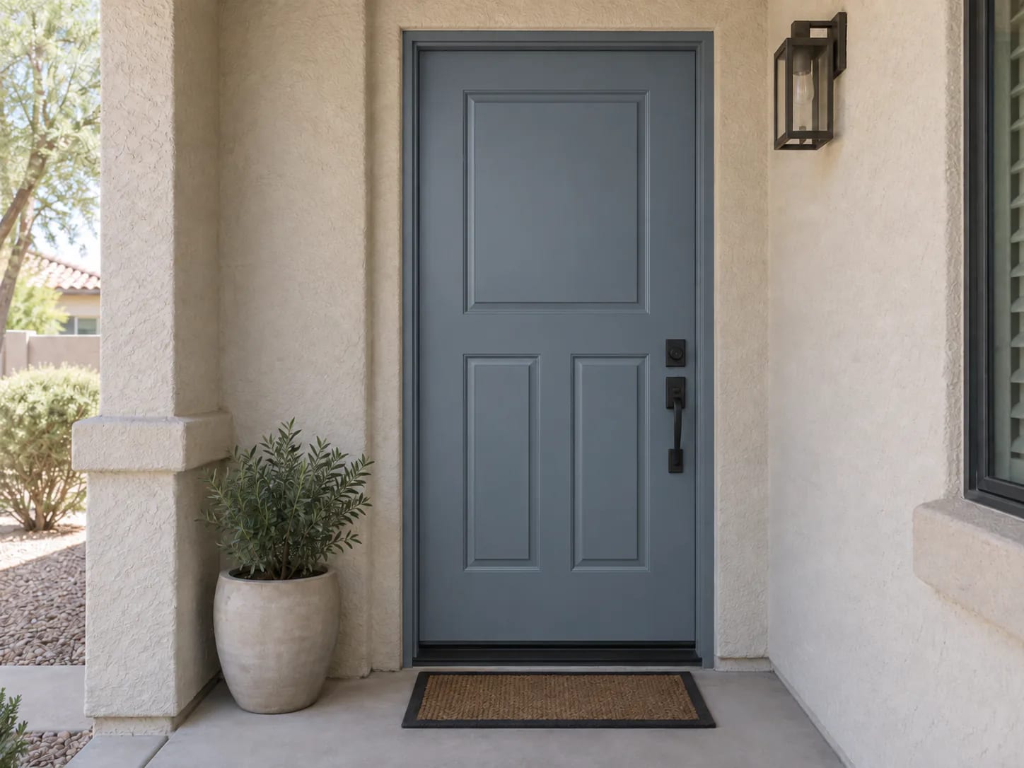 Illustration of a smooth painted entry door in a shaded Arizona entrance
