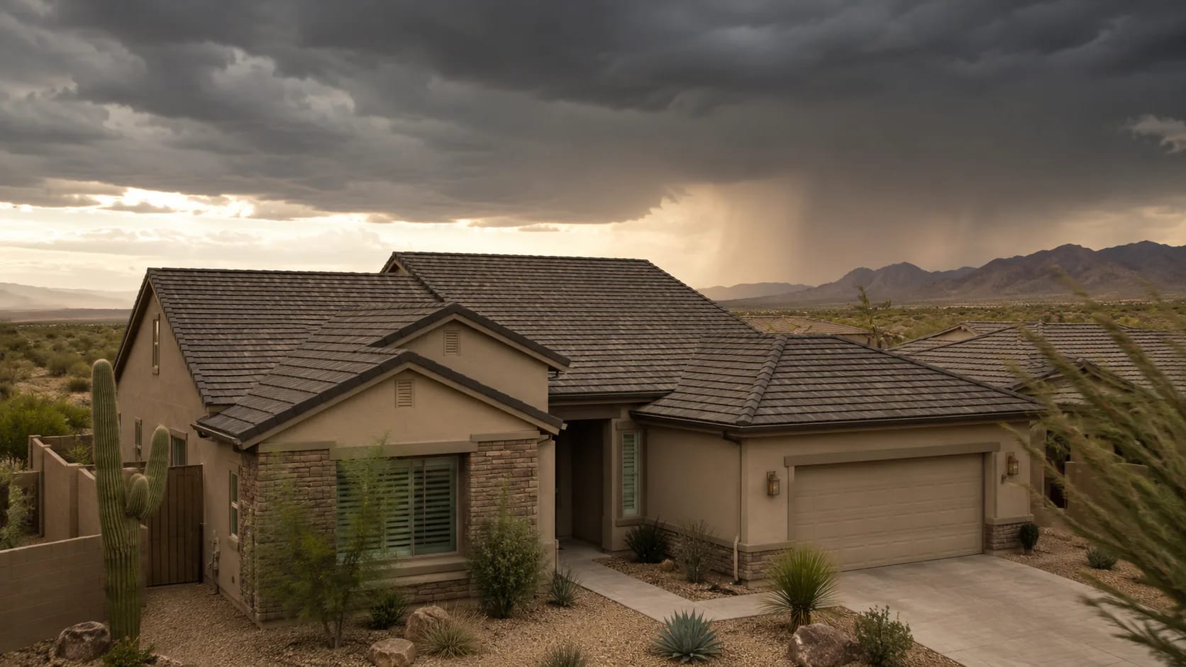 Arizona home beneath approaching monsoon clouds