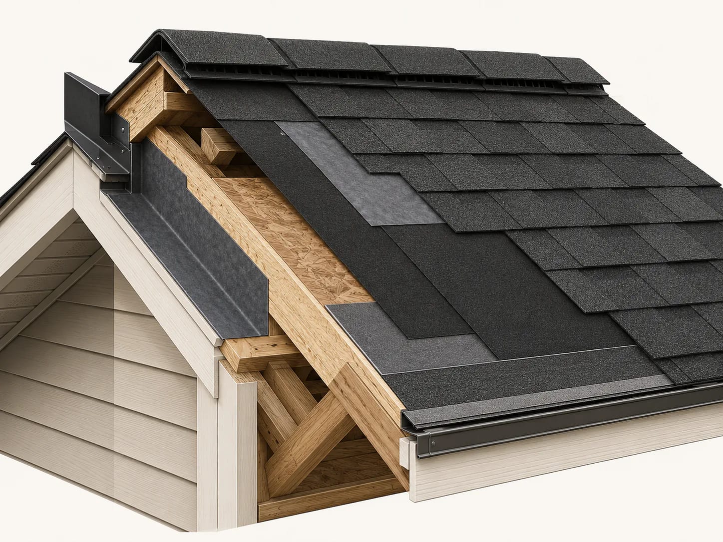 Educational cutaway view of residential roof system layers