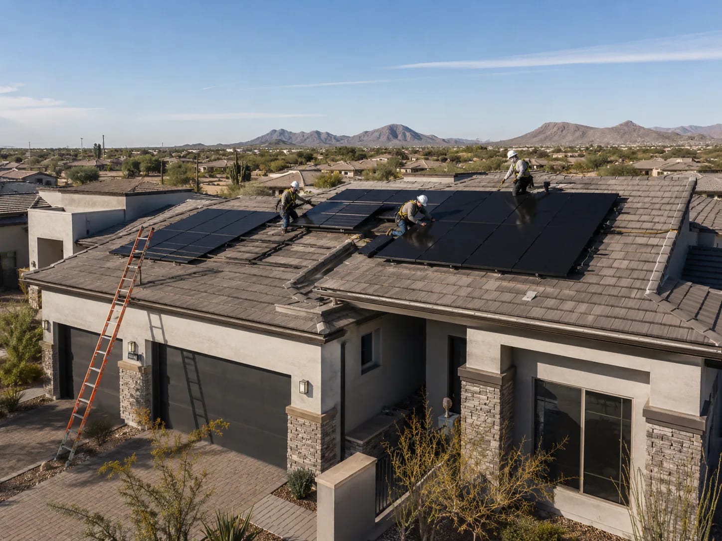 Solar panels being coordinated during residential roof work