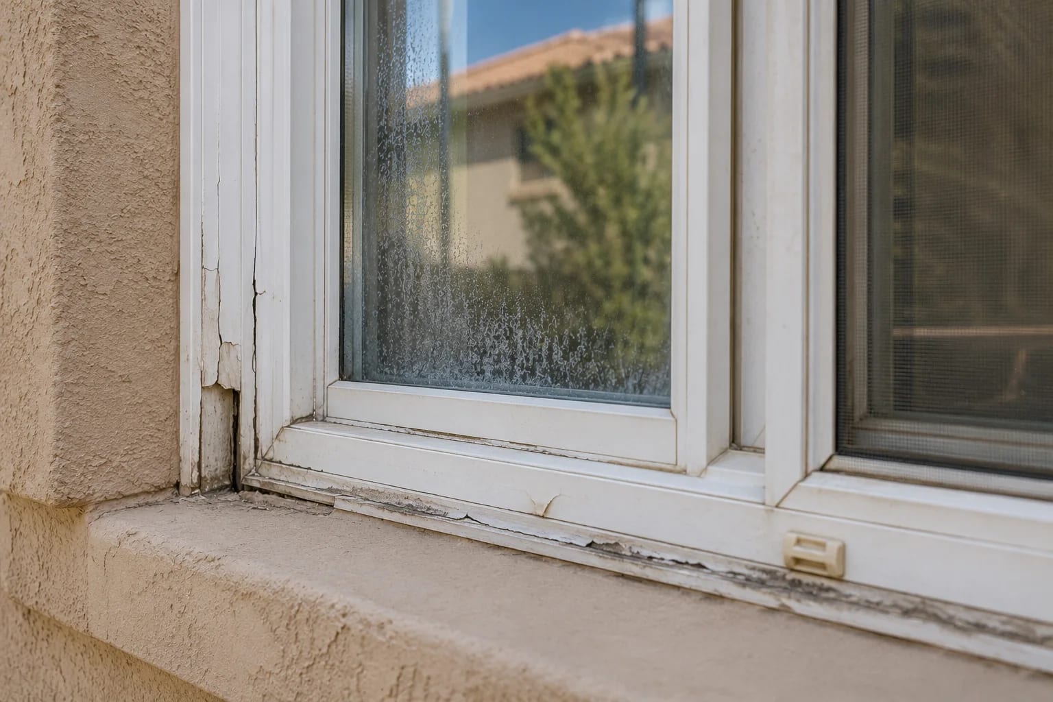 Weathered Arizona window with cracked trim and condensation between panes