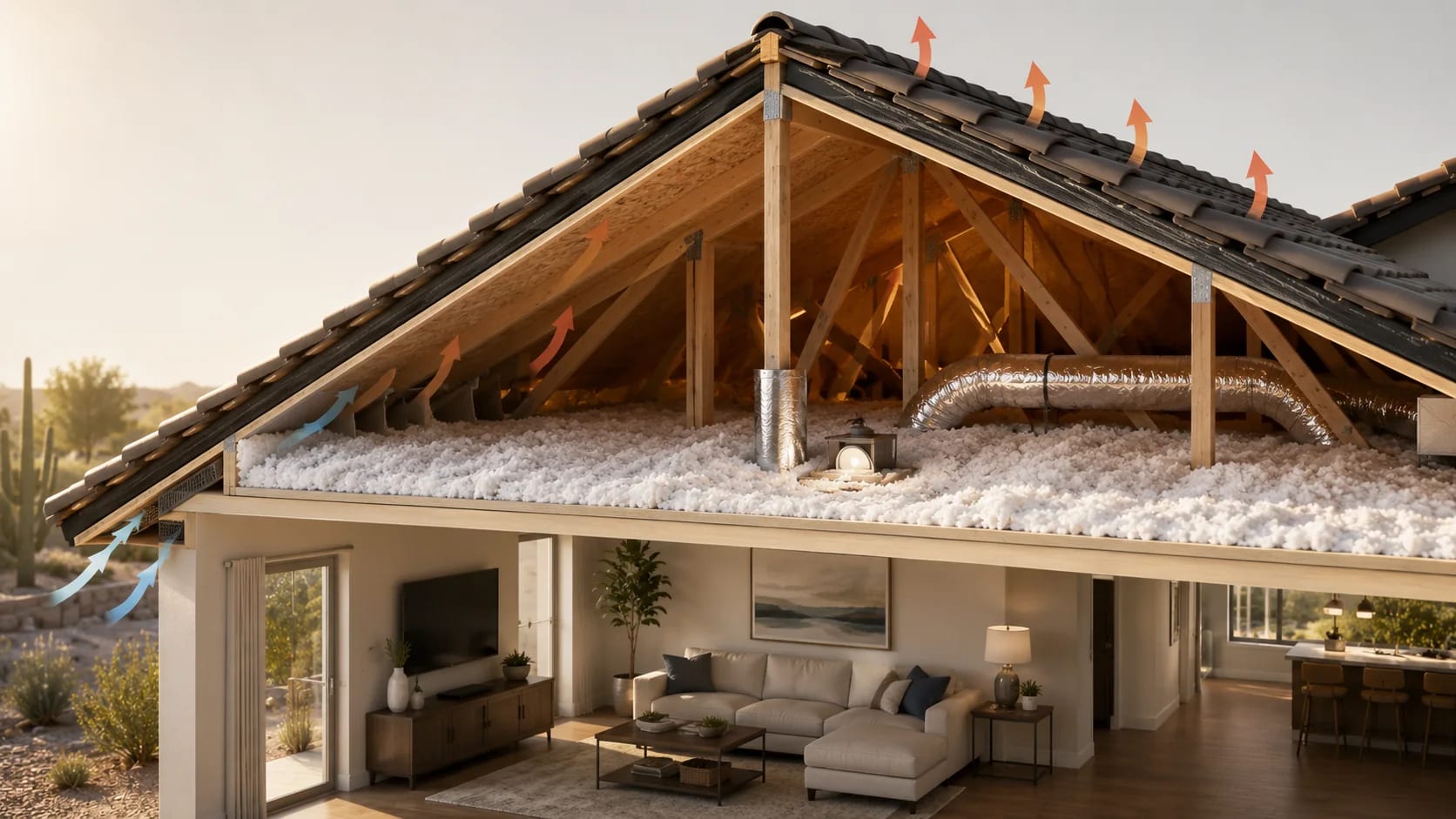Cutaway illustration of an Arizona home showing attic insulation and ventilation airflow