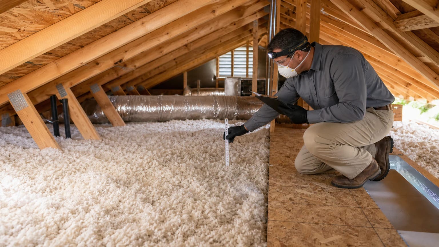 Attic insulation evaluator measuring loose-fill coverage beside a protected service walkway