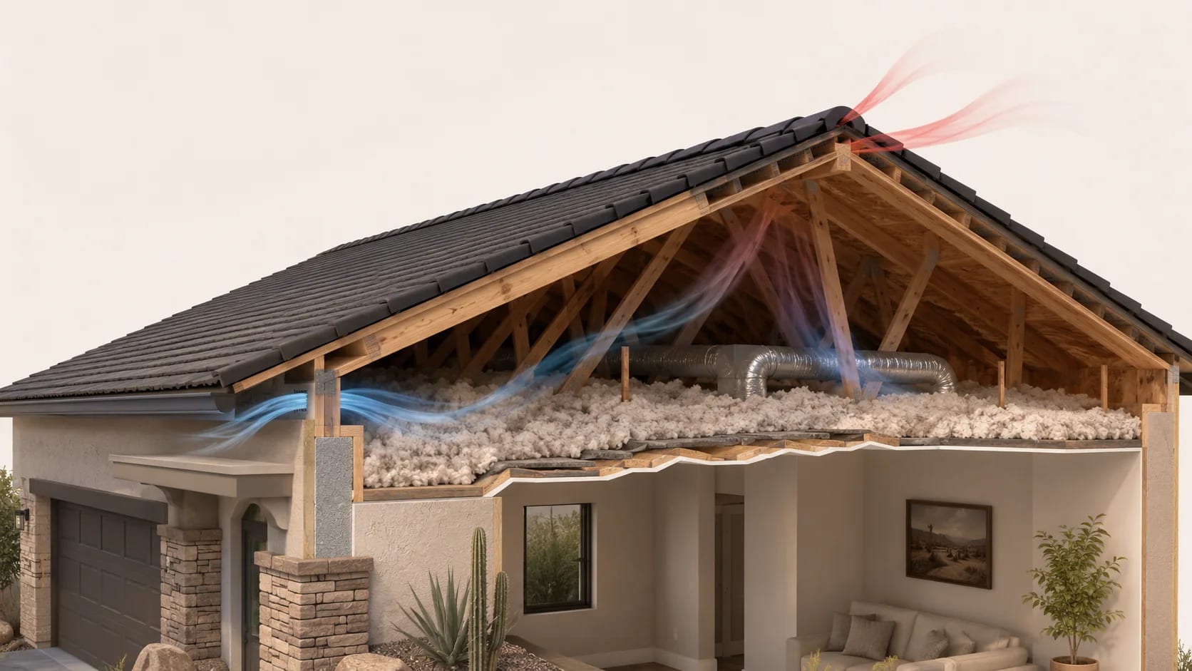 Roof cutaway showing soffit intake, attic airflow, insulation, and ridge exhaust