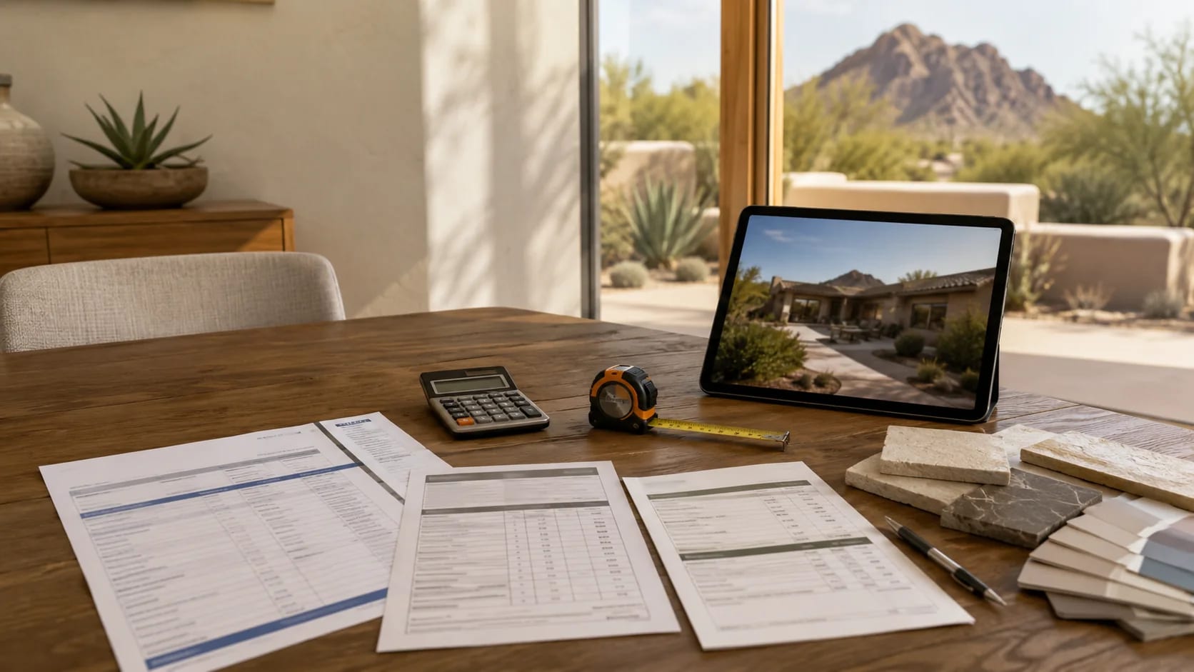 Three remodeling estimates with calculator, tape measure, tablet, and material samples