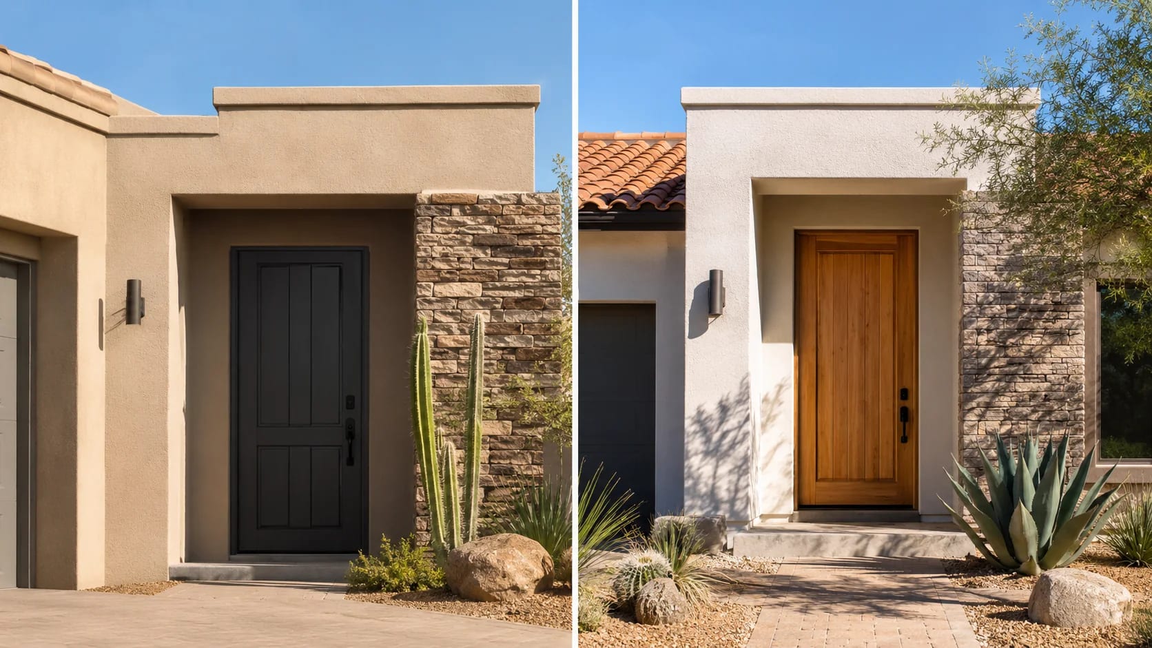 Dark charcoal and warm wood-tone entry doors exposed to Arizona afternoon sun