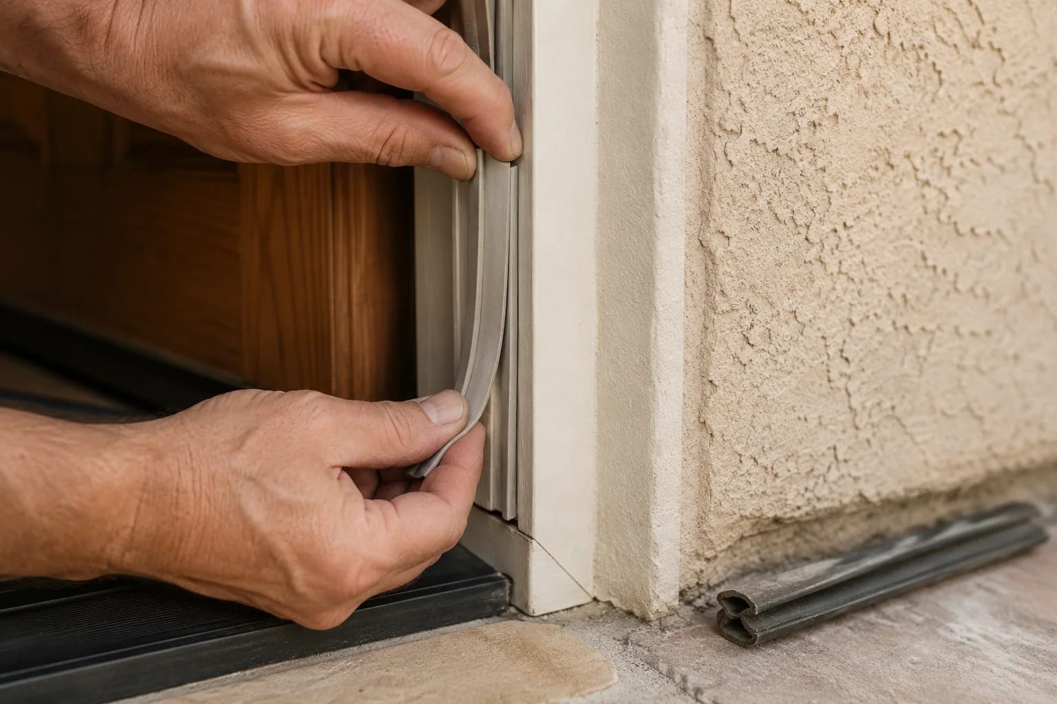 Hands replacing worn weatherstripping along an exterior door jamb