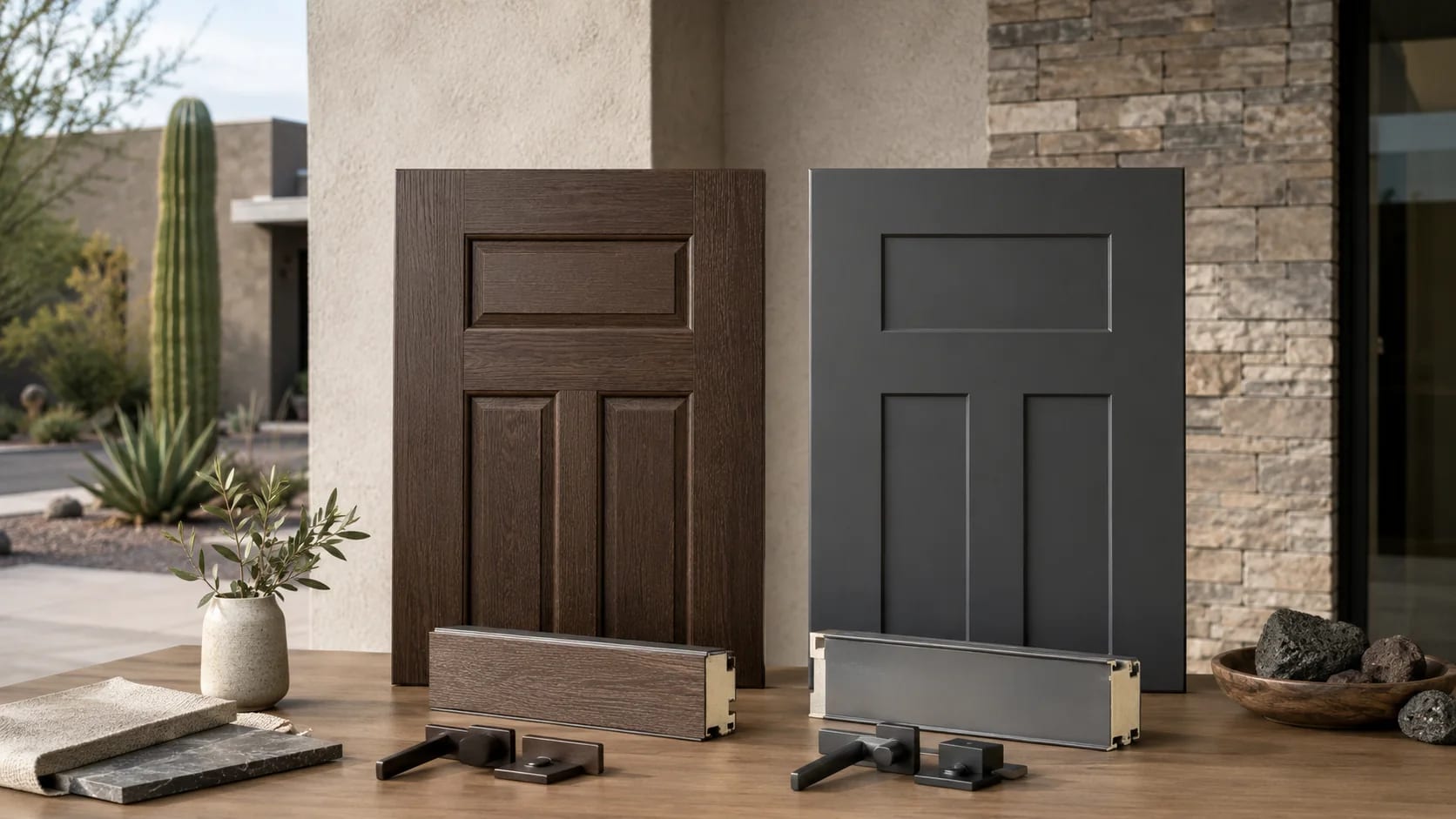 Fiberglass wood-grain and painted-steel entry door samples side by side