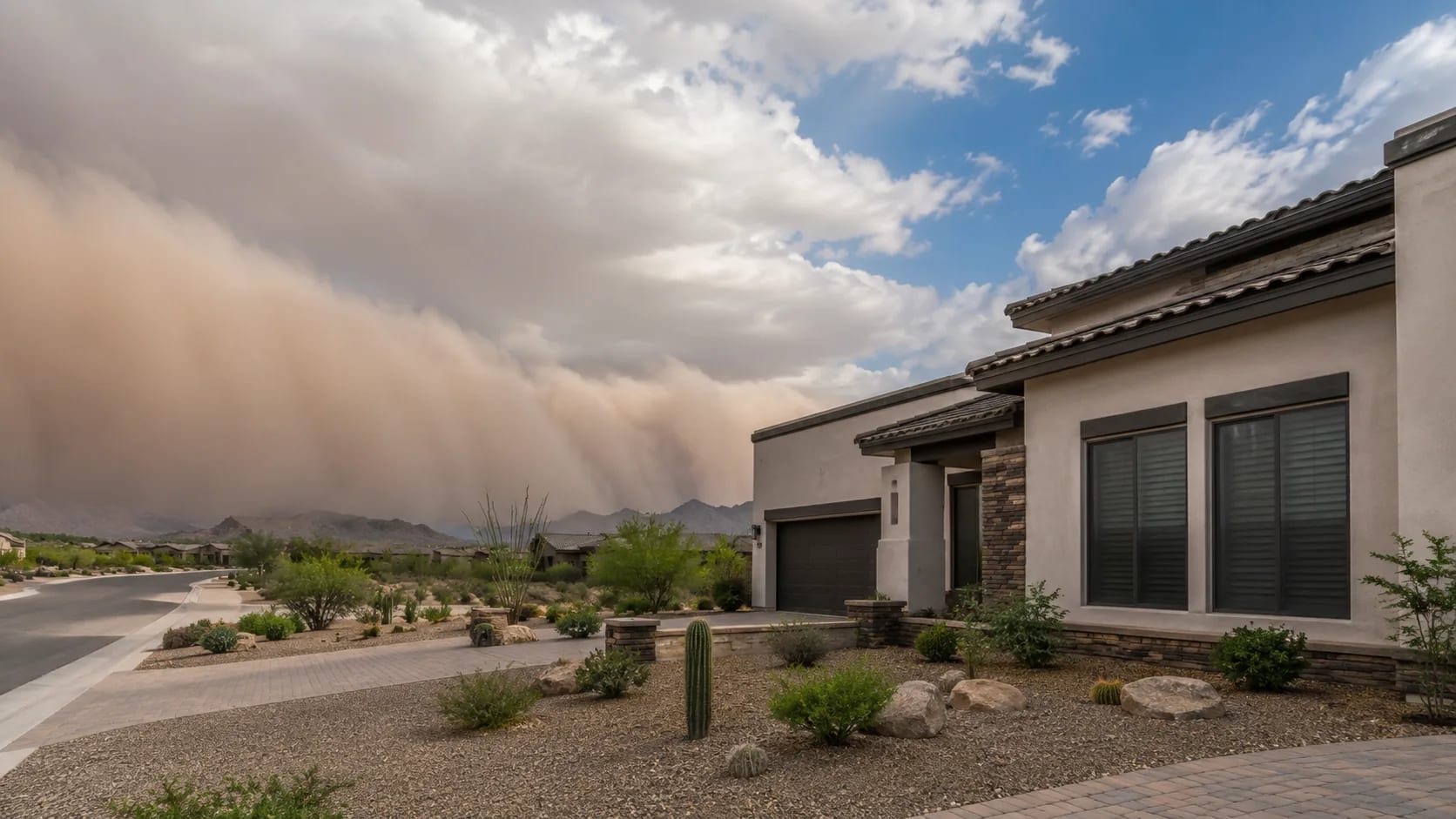 Secured Phoenix home with closed openings and a distant dust wall approaching