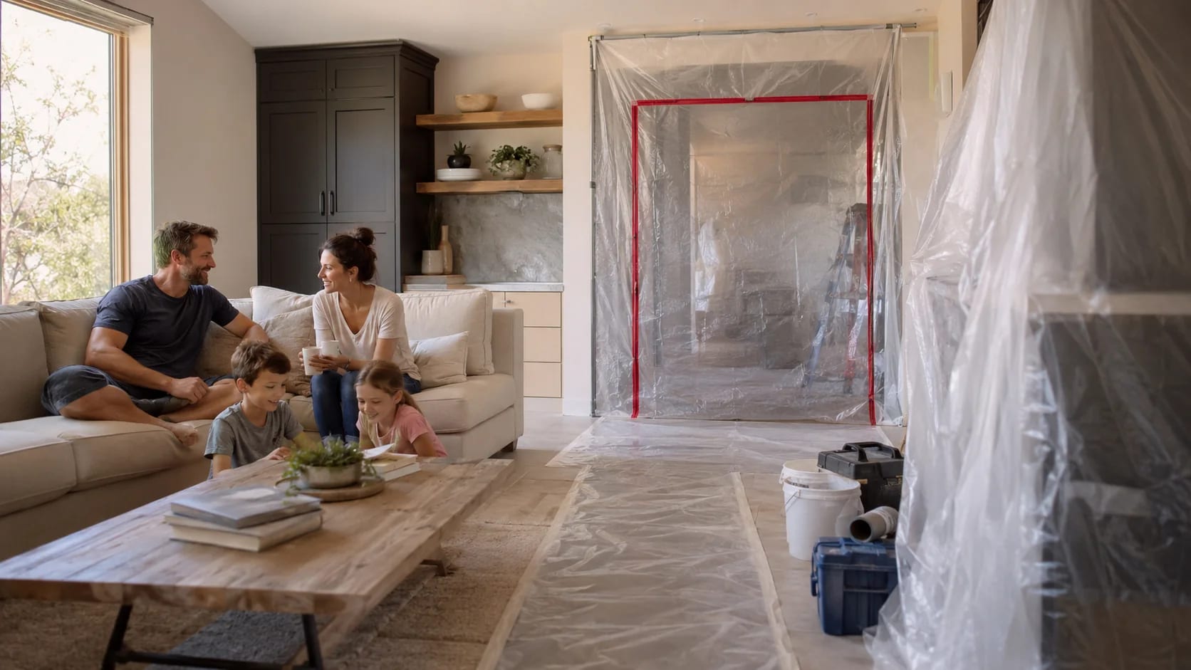 Family living area separated from a protected remodeling work zone