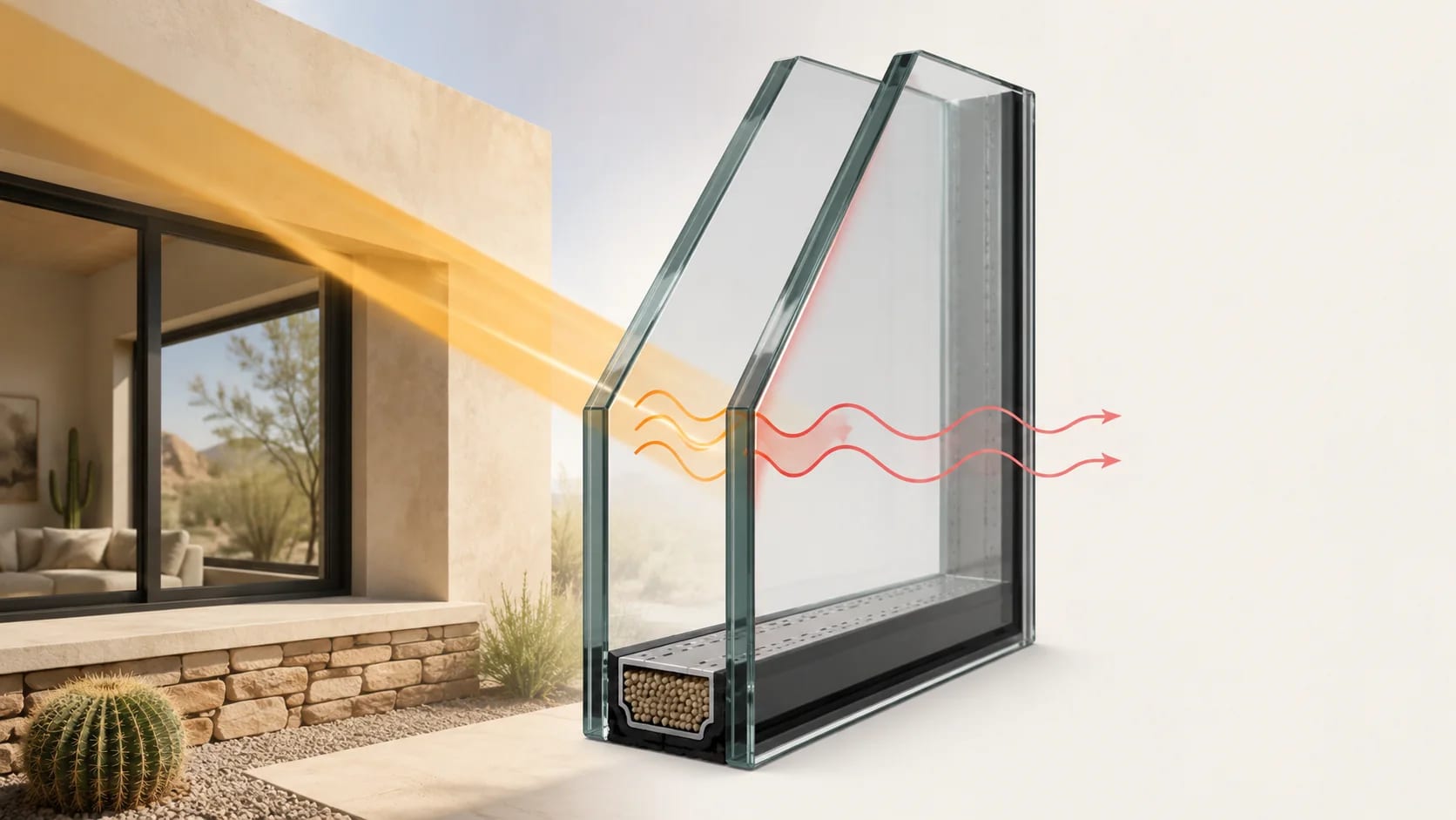 Low-E insulated glass cutaway illustrating reduced solar heat transfer