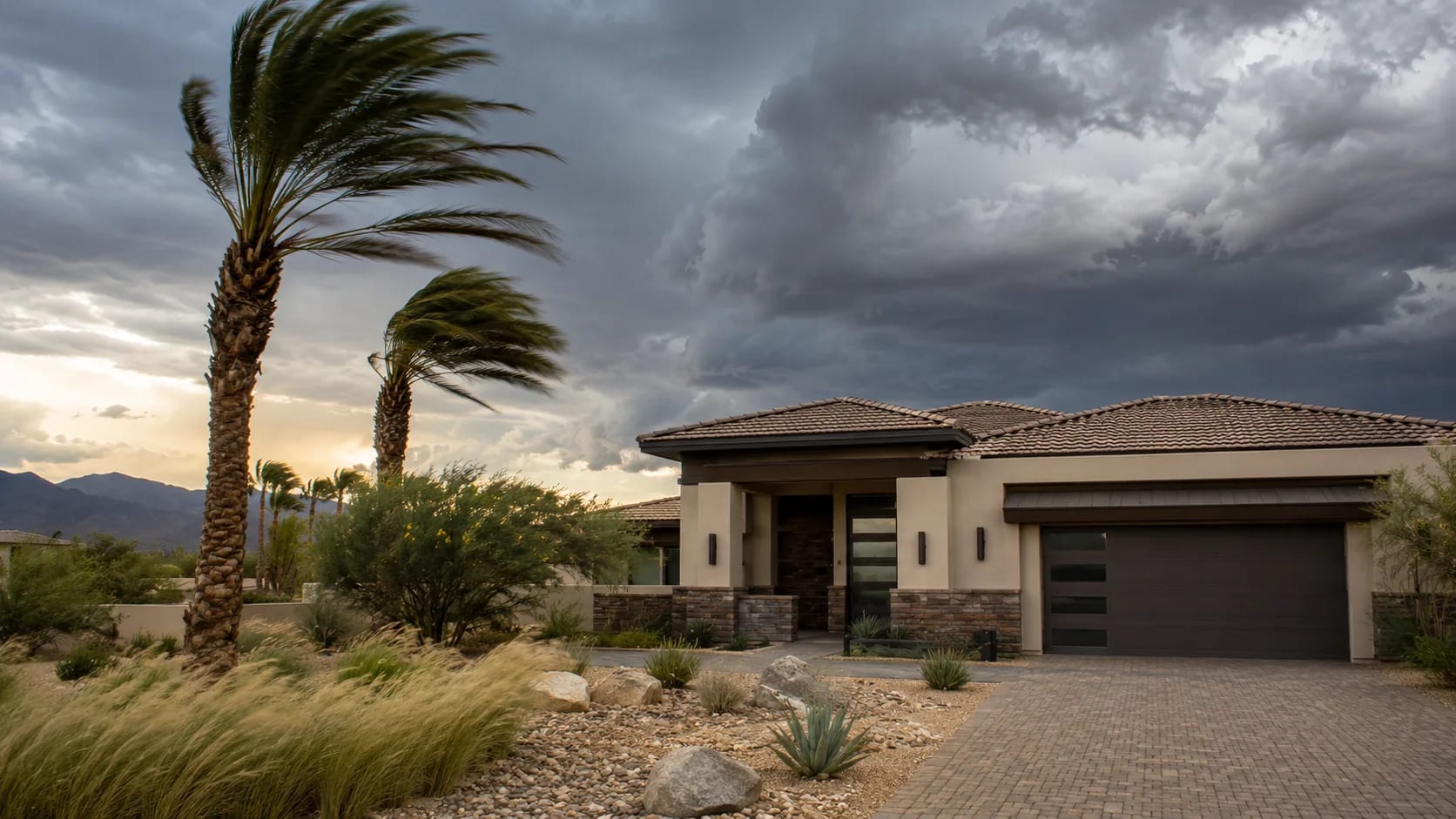 Arizona home beneath strong monsoon outflow winds with its roof clearly visible