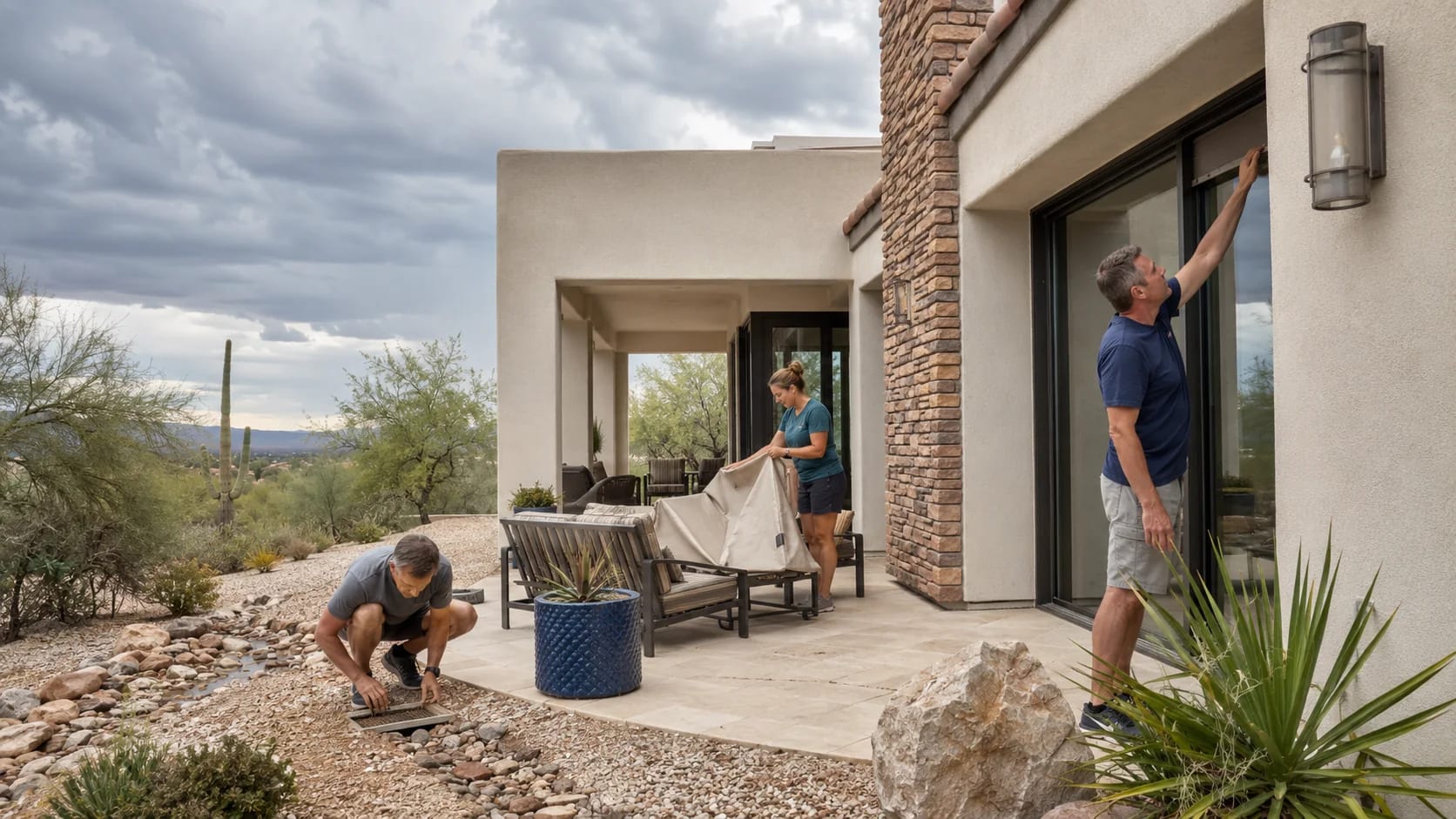Homeowners securing patio furniture, checking drainage, and inspecting exterior seals before a storm