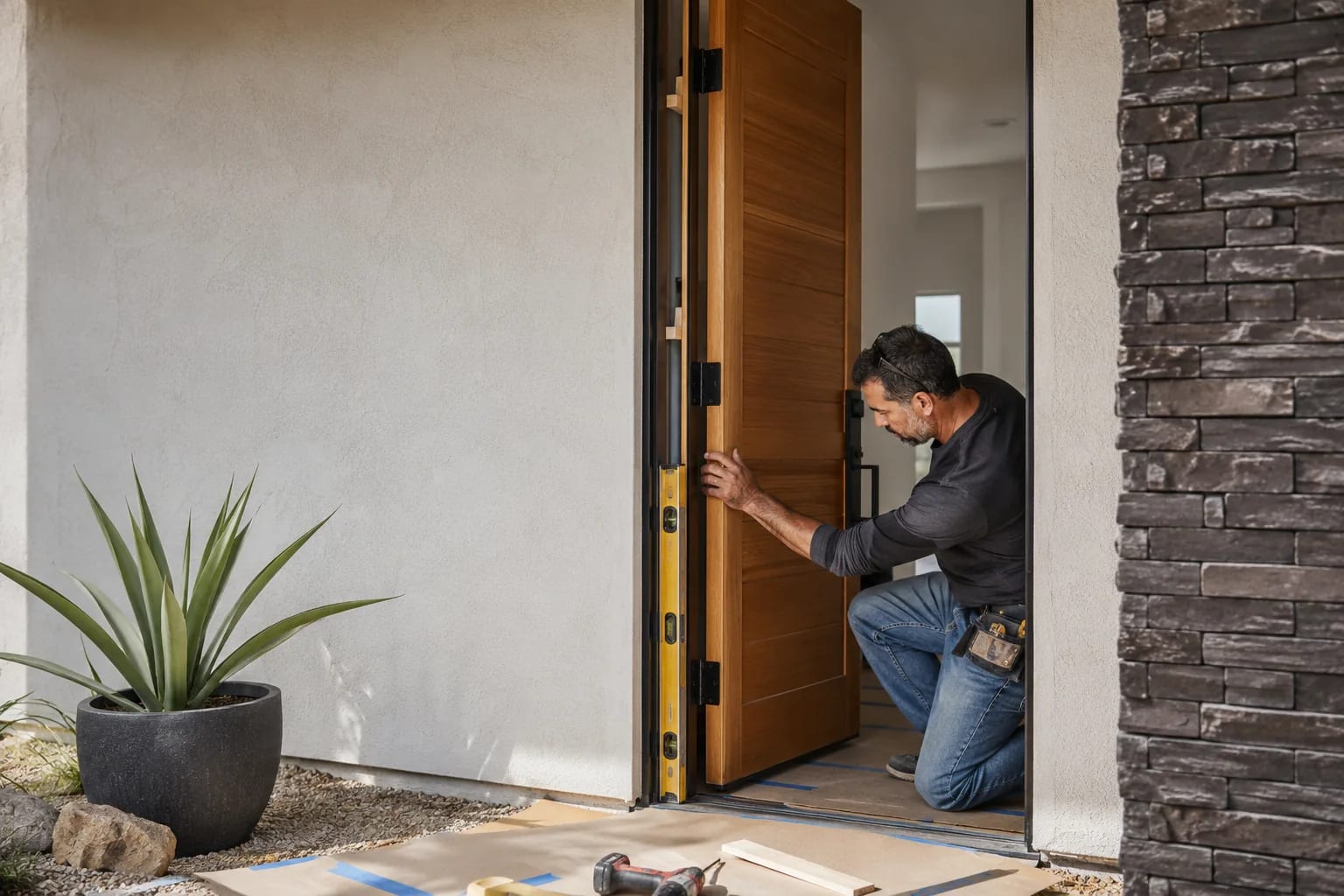 Installer checking the alignment of a newly hung exterior entry door