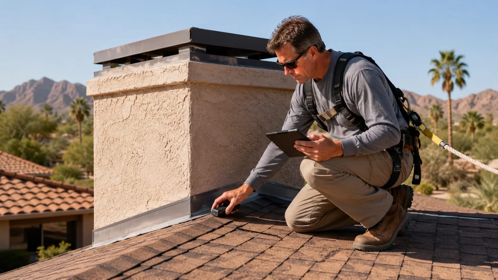 Roofing professional inspecting shingles and flashing on an Arizona home