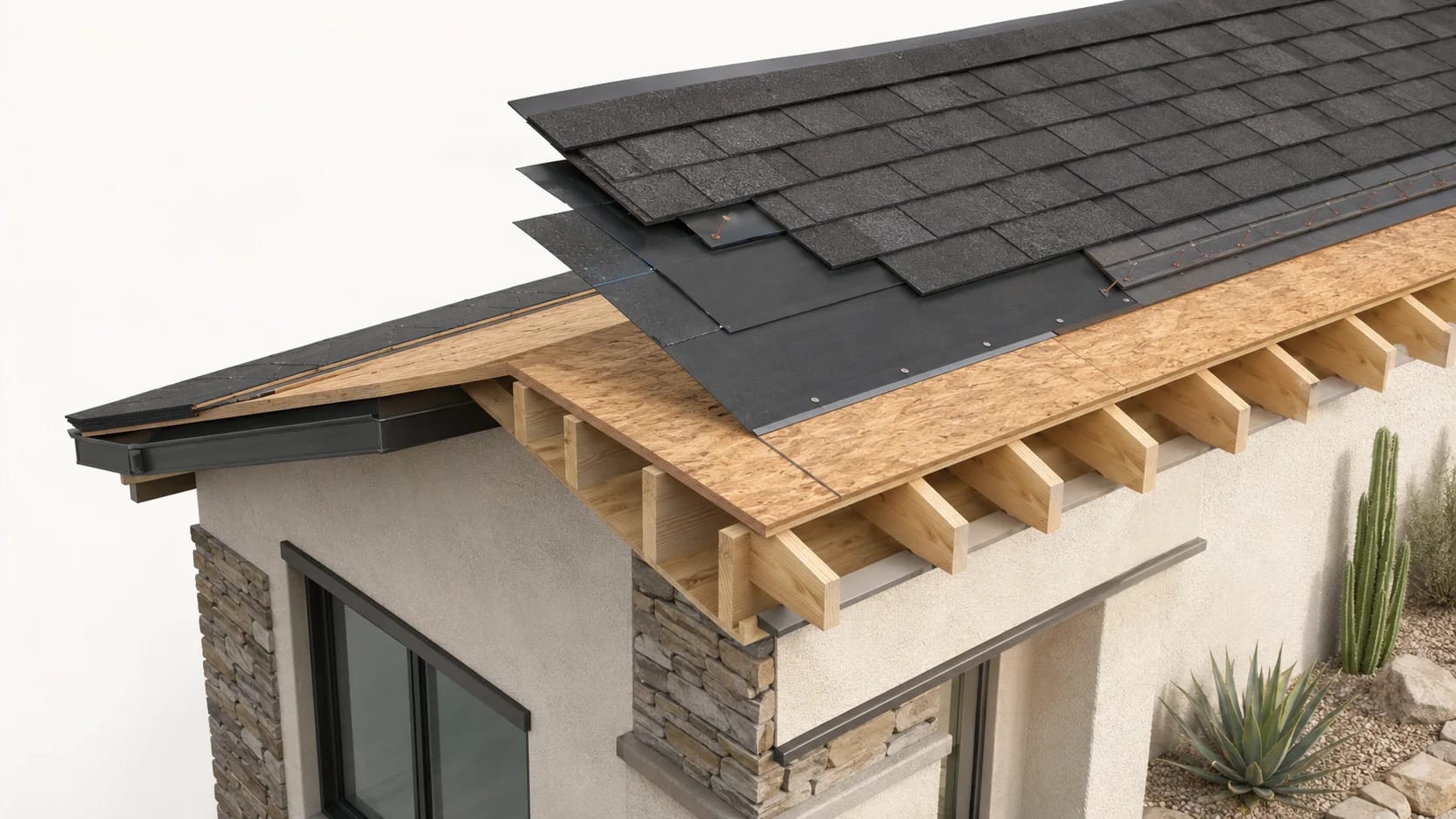 Residential roof cutaway showing decking, underlayment, and asphalt shingles