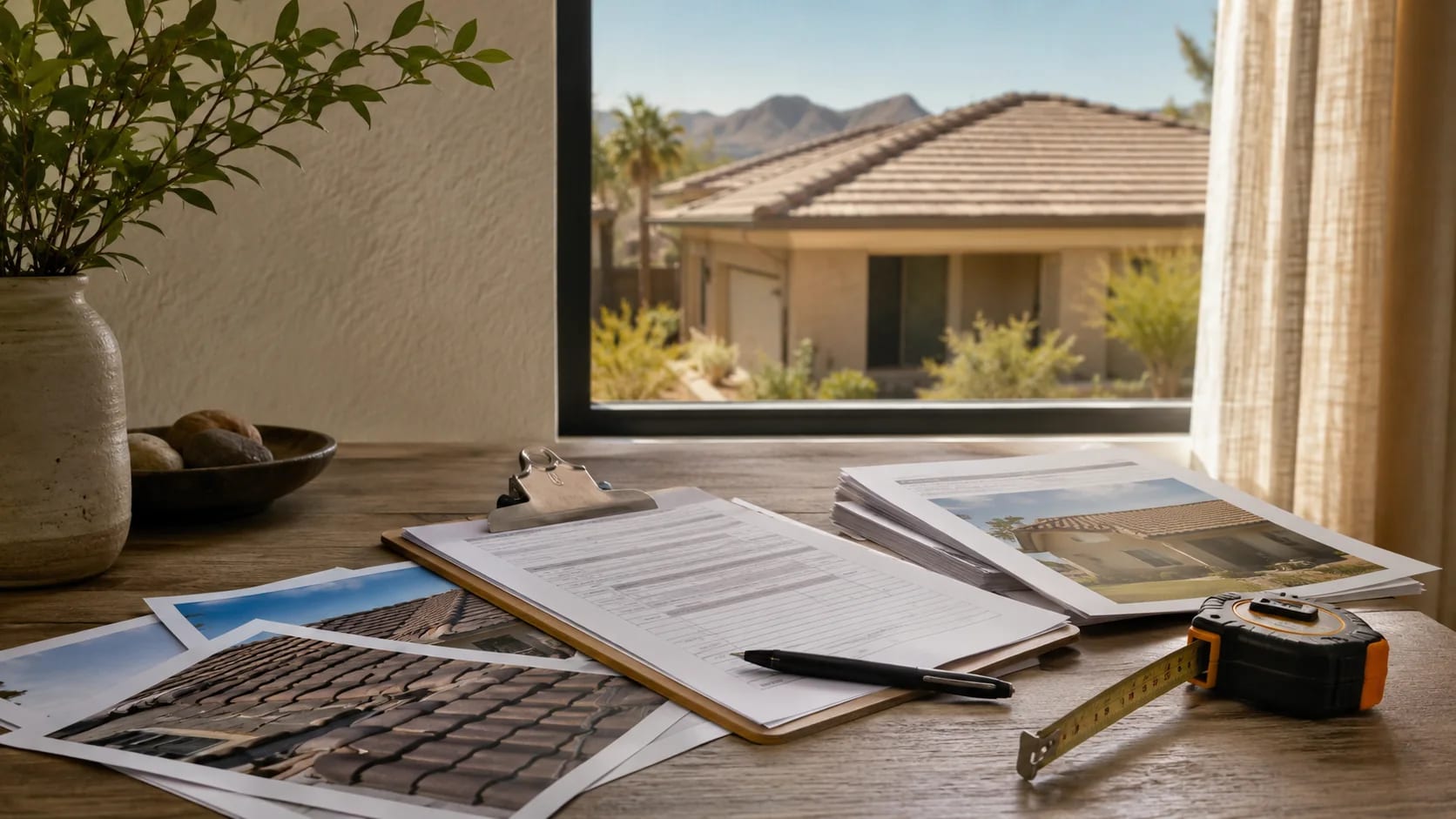 Roof photographs, policy documents, contractor estimate, clipboard, and measuring tape