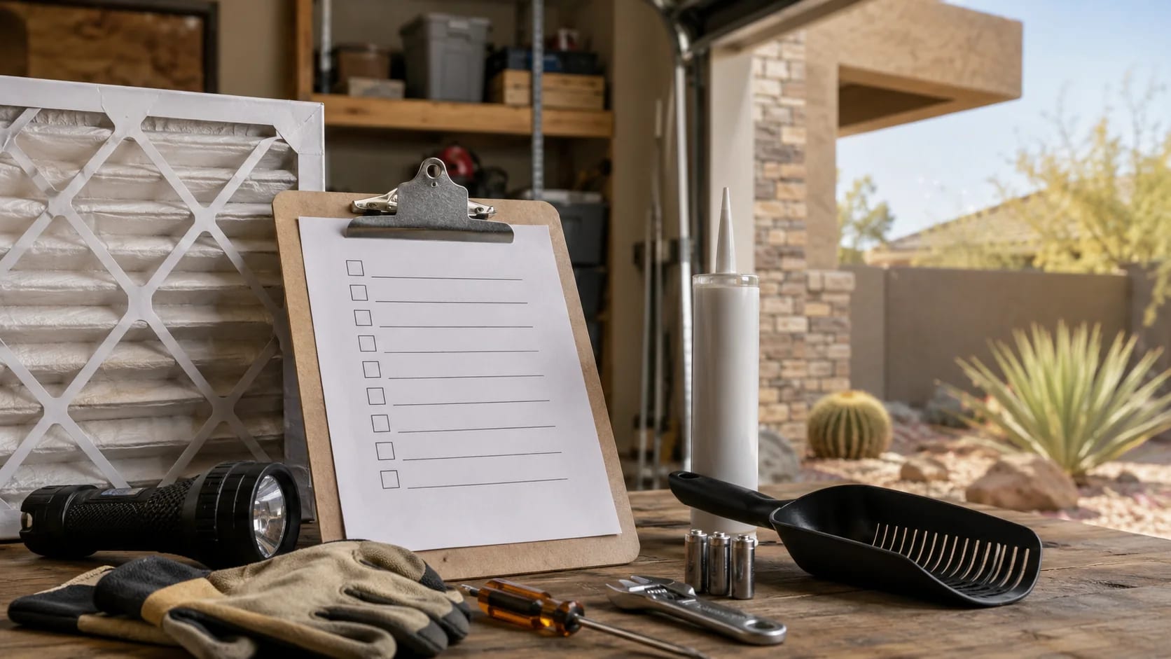 Seasonal maintenance checklist with an air filter, flashlight, gloves, caulk, and hand tools