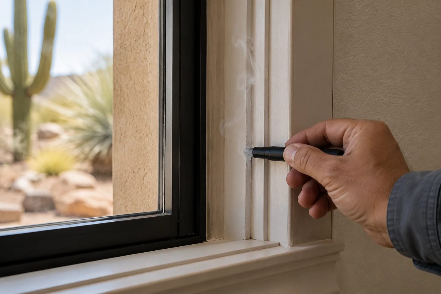 Inspector tracing an air leak along a residential window trim seam
