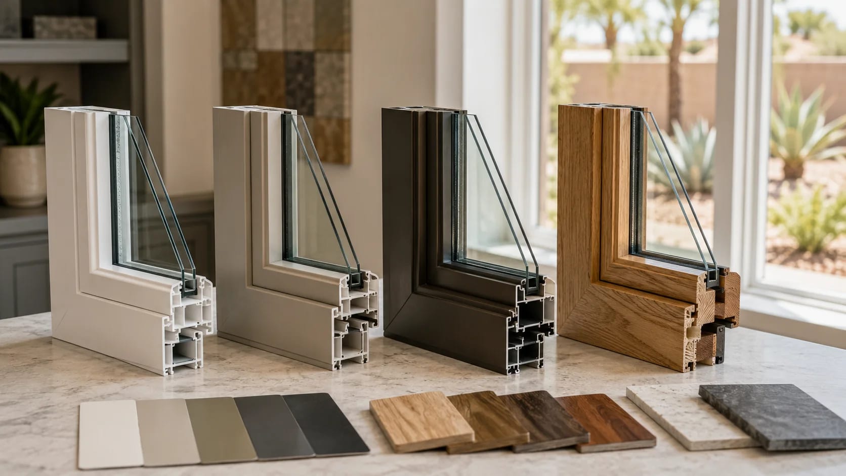 Residential window frame and insulated-glass samples arranged for comparison