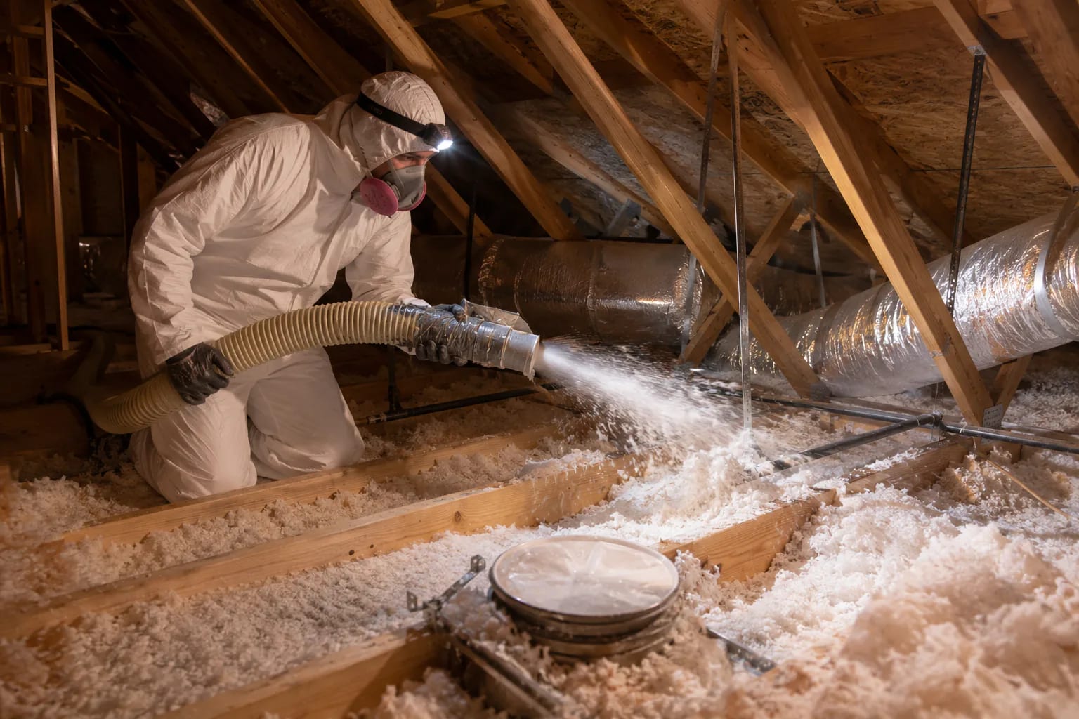Installer placing loose-fill insulation in a residential attic