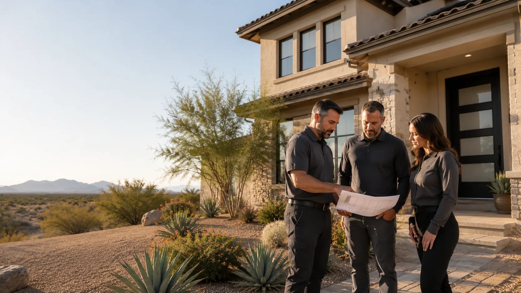 Renmark team reviewing project plans outside an Arizona home
