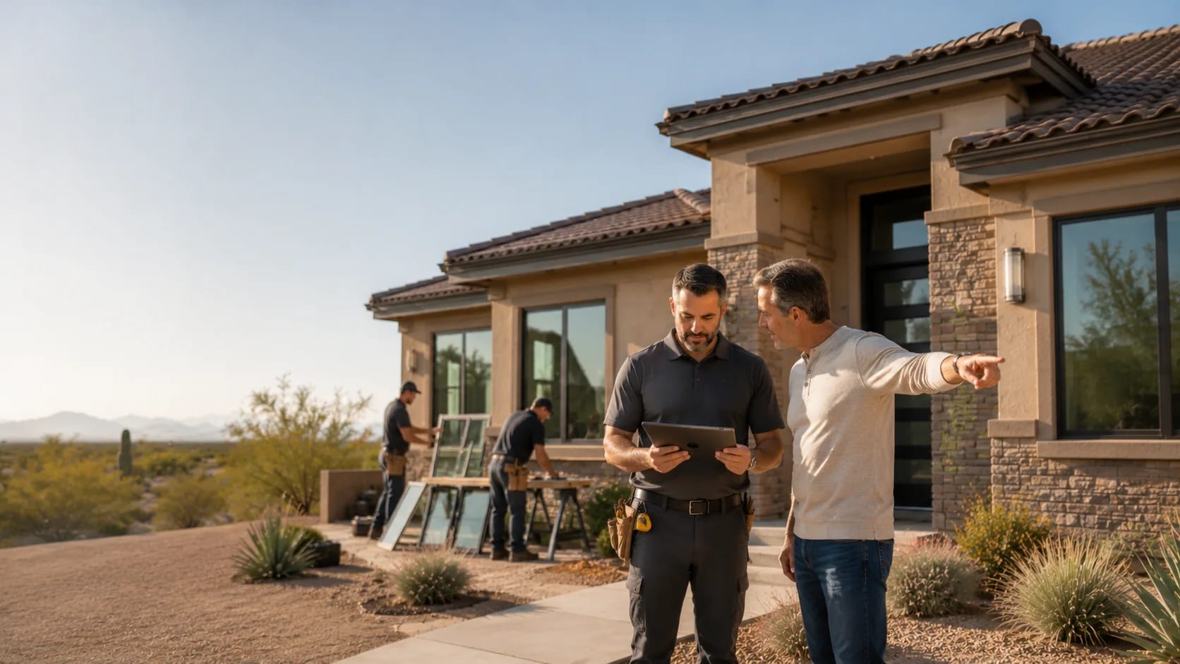 Renmark consultant discussing an exterior project with a homeowner on site