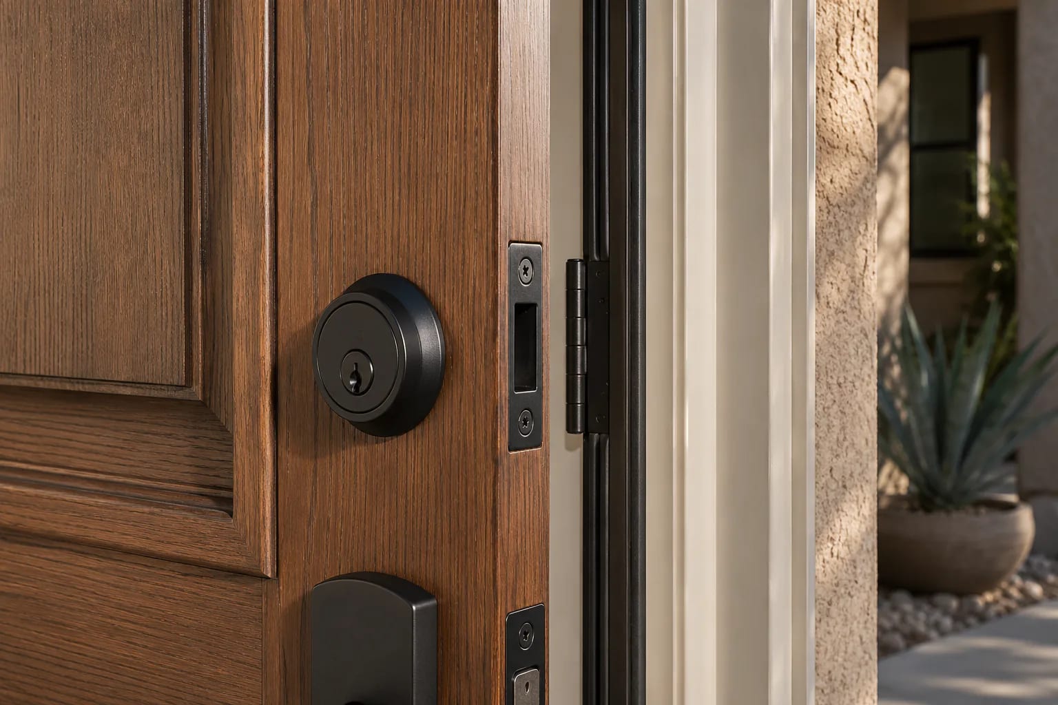 Close detail of exterior door lock hardware and weather sealing