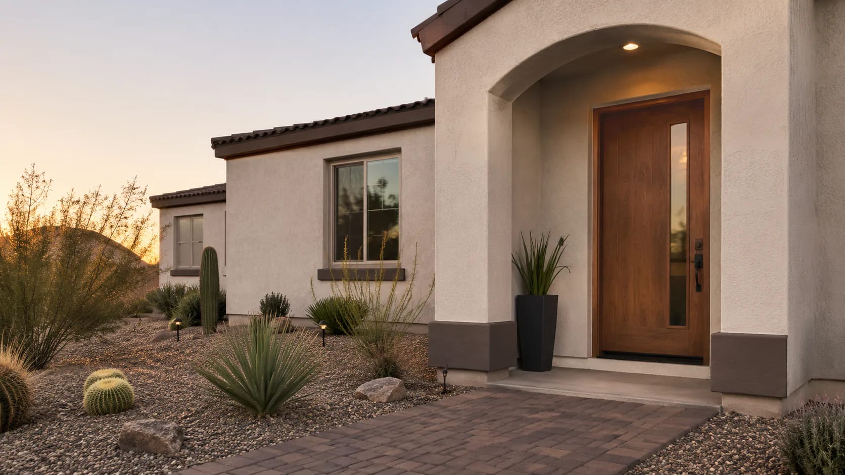 Wood entry door on an Arizona home at sunset
