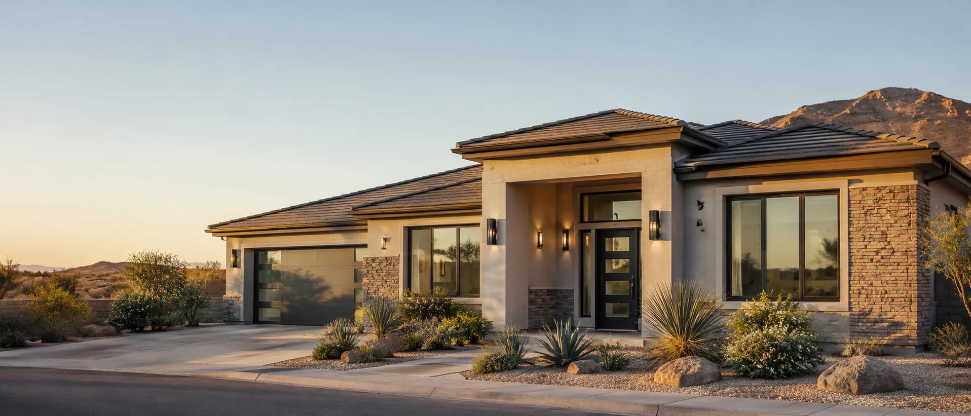 Contemporary Arizona home with desert landscaping at sunset