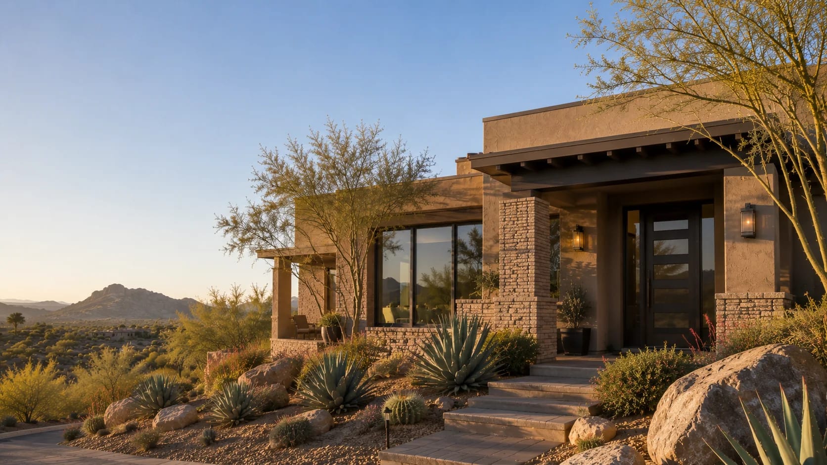 Contemporary Carefree, Arizona home with rocky desert landscaping and mountain views