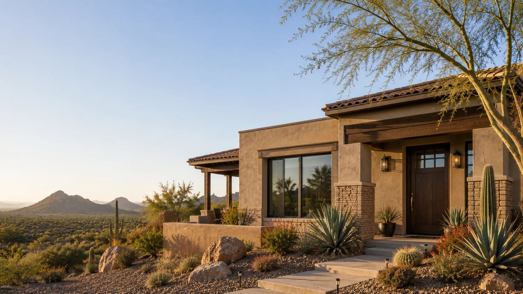 Contemporary Cave Creek, Arizona home surrounded by Sonoran Desert landscaping