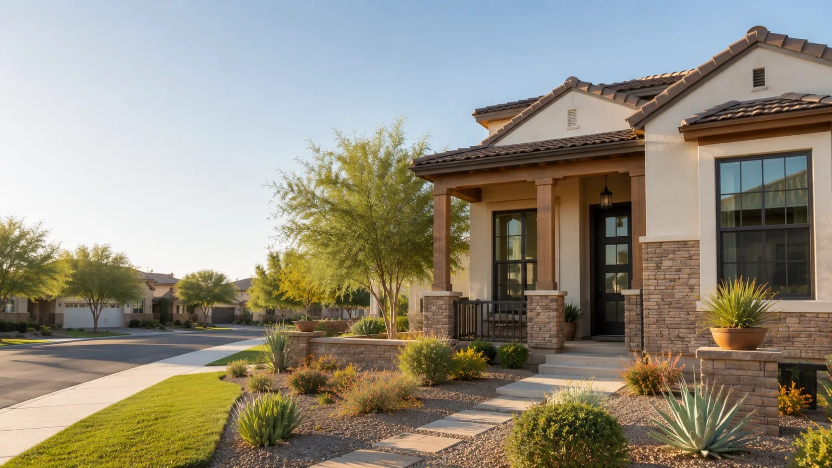 Gilbert, Arizona home with replacement windows, a covered entry, and desert landscaping