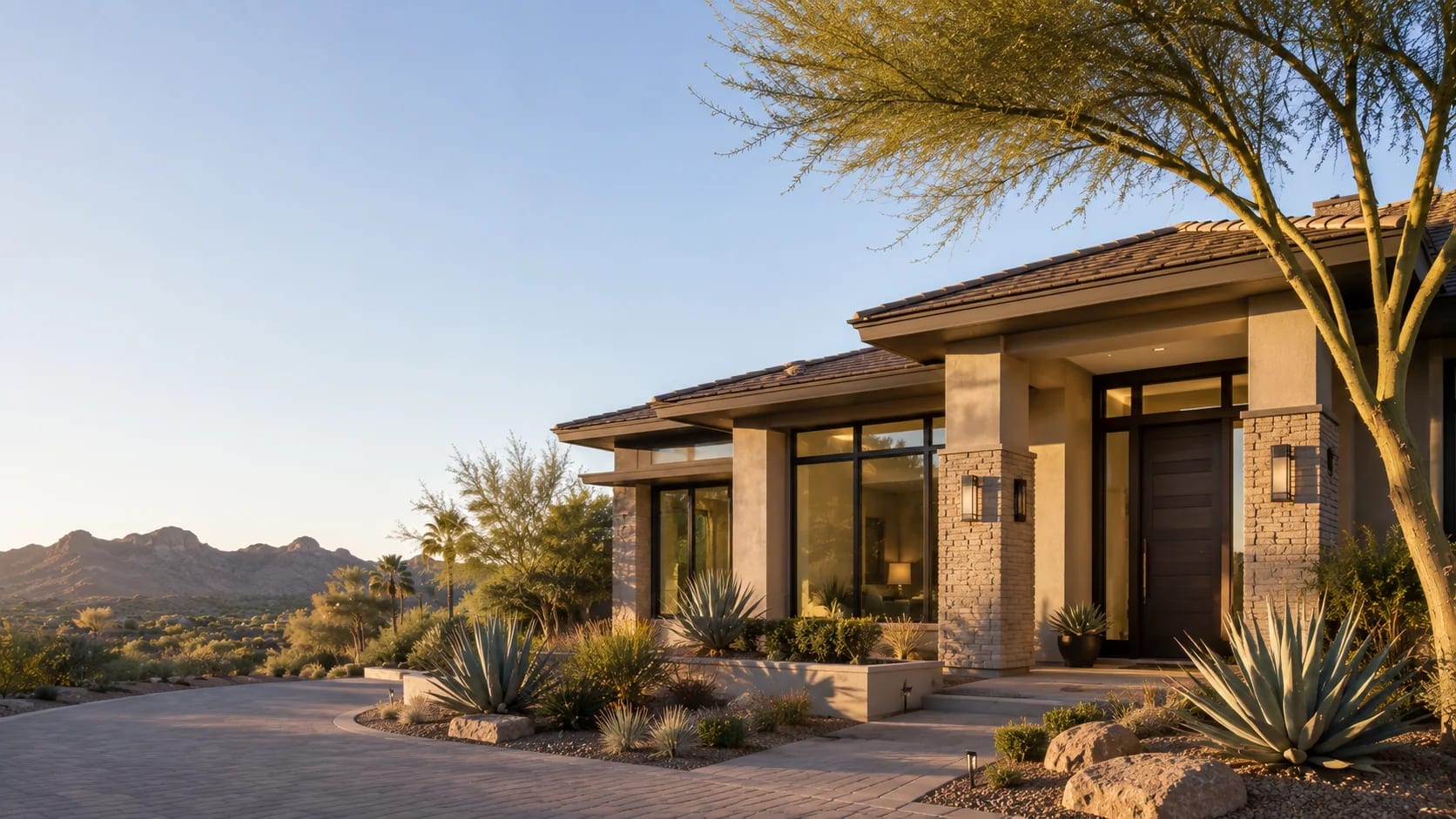 Contemporary Paradise Valley, Arizona home with desert landscaping and mountain views