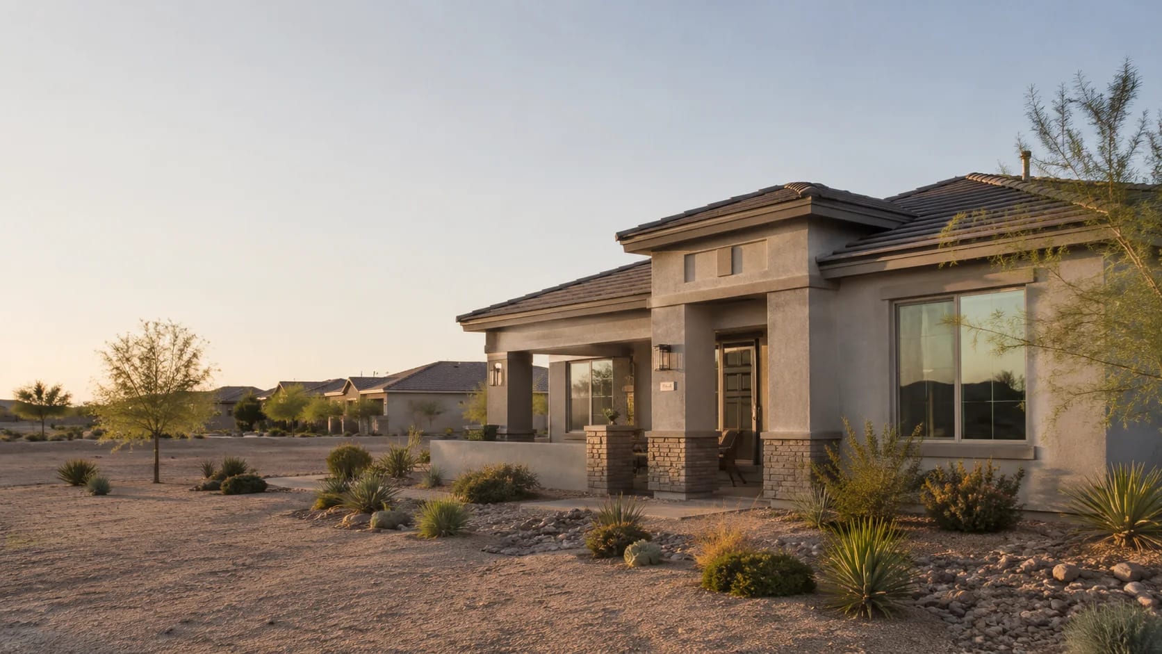 Single-story Queen Creek, Arizona home with large windows at sunset