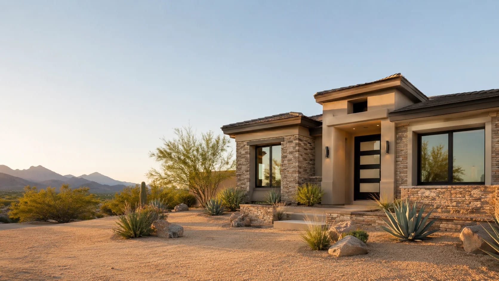 Desert contemporary home in Scottsdale, Arizona with modern windows and entry door