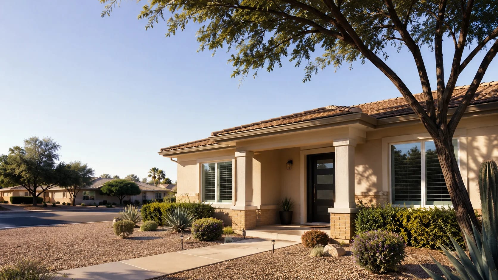 Single-story Sun City, Arizona home with mature shade trees and desert landscaping