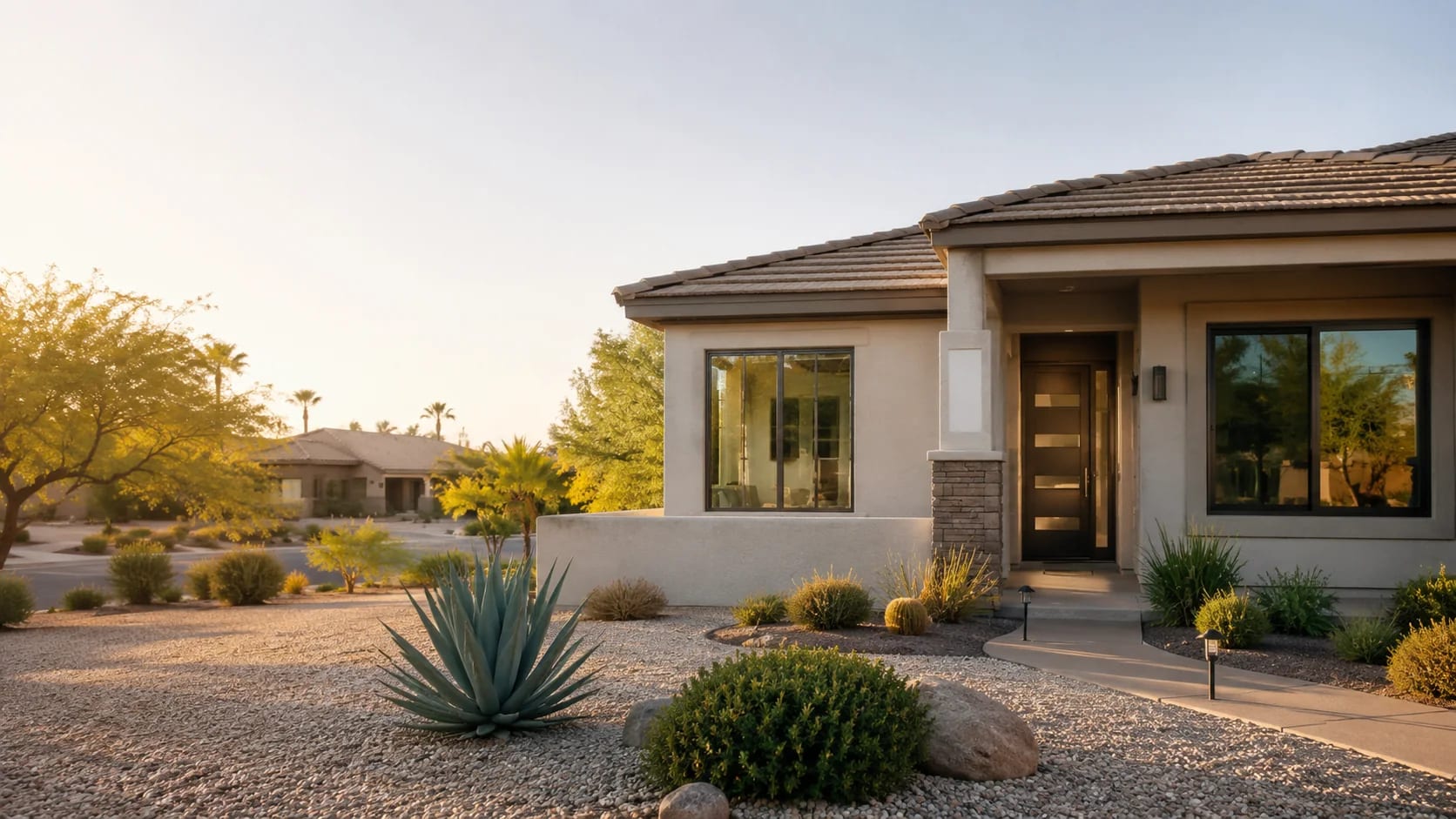Single-story Sun City West, Arizona home with large windows and desert landscaping