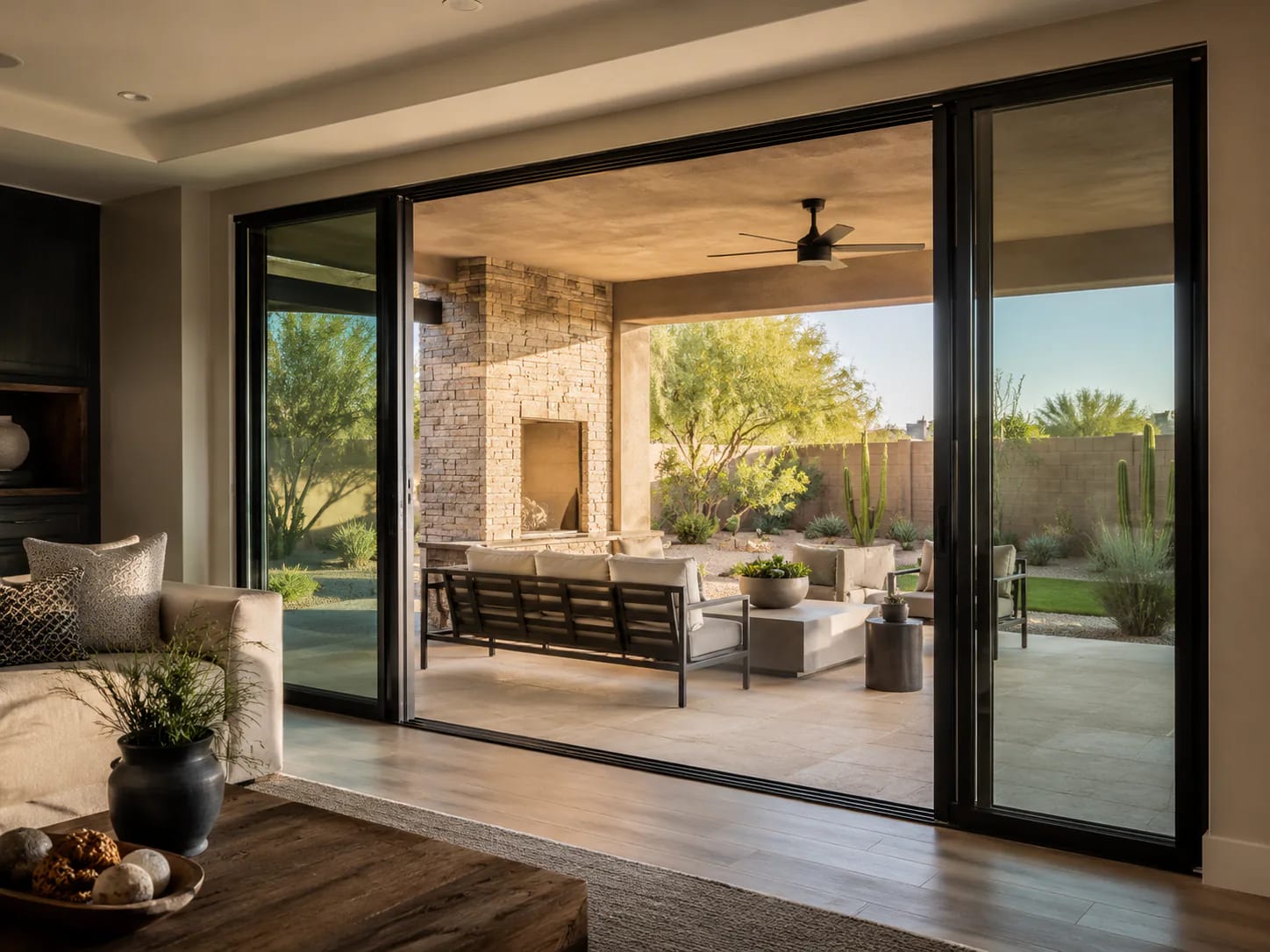 Wide patio doors opening a living room to an outdoor space