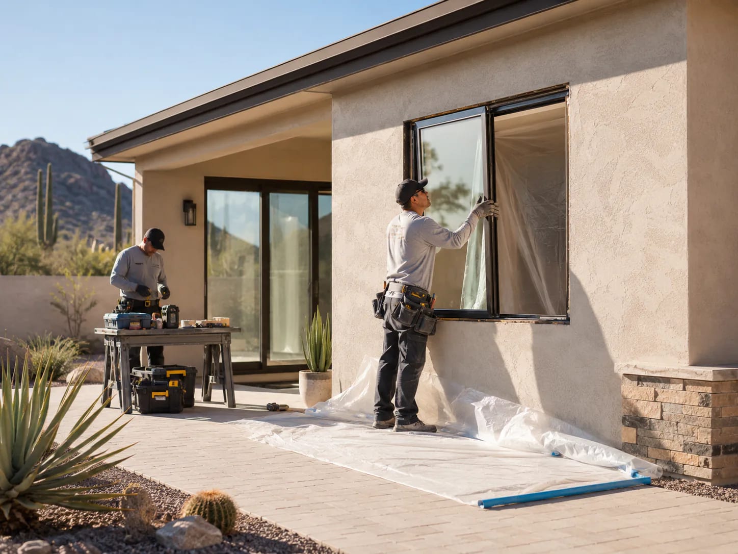 Installer completing window work at an Arizona home