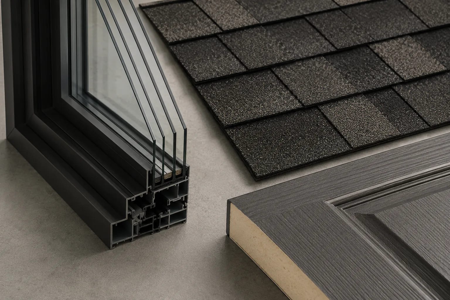 Window, roofing, and door material samples