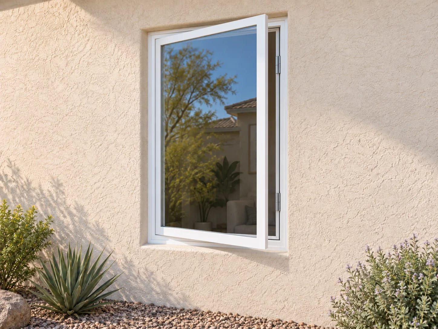 Illustration of an outward-opening casement window in a light stucco wall