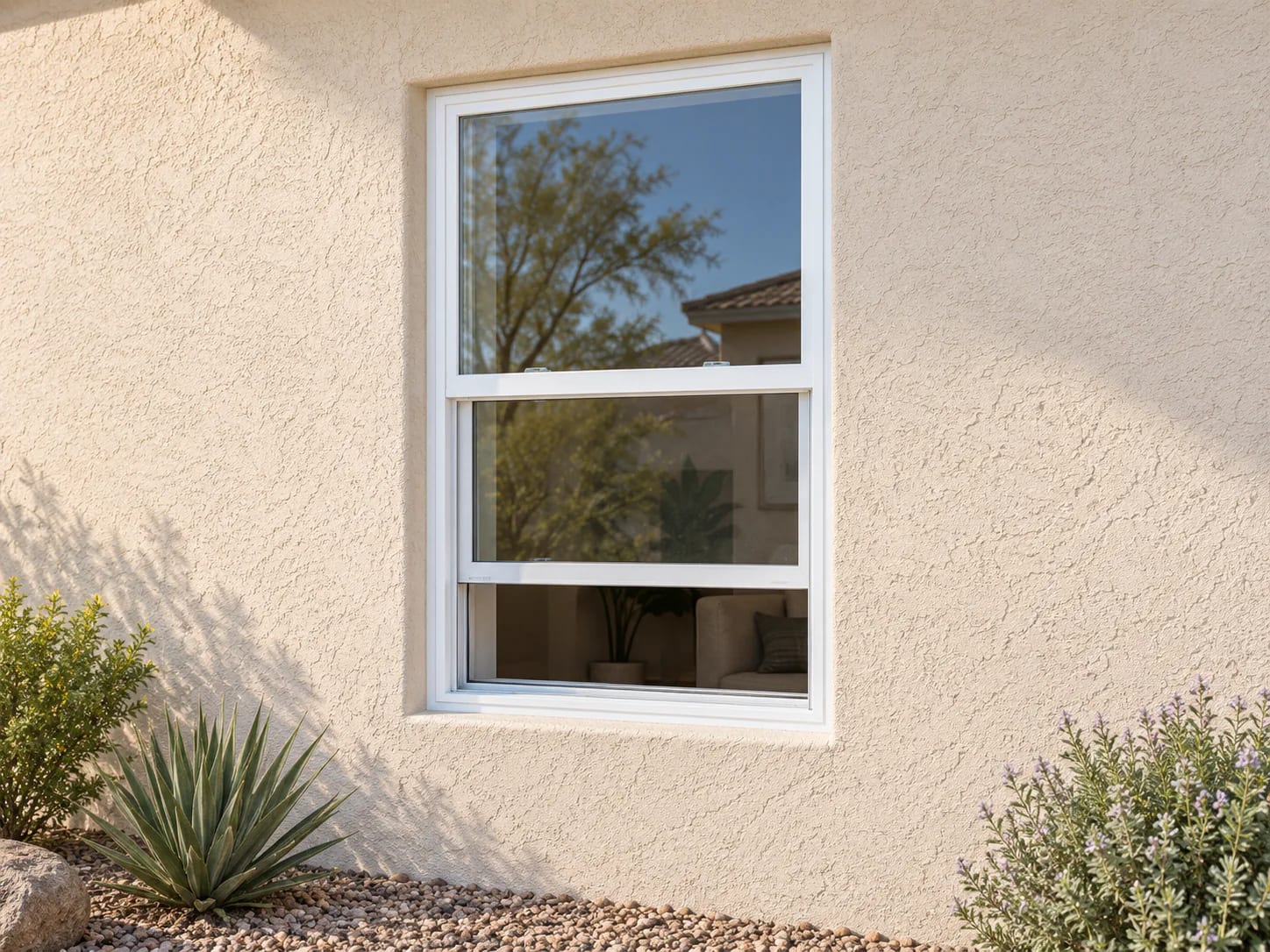Illustration of a single-hung window in a light stucco wall