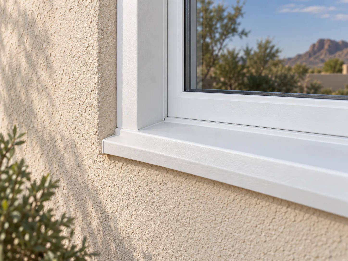 Illustration of a finished window frame and trim at a stucco opening