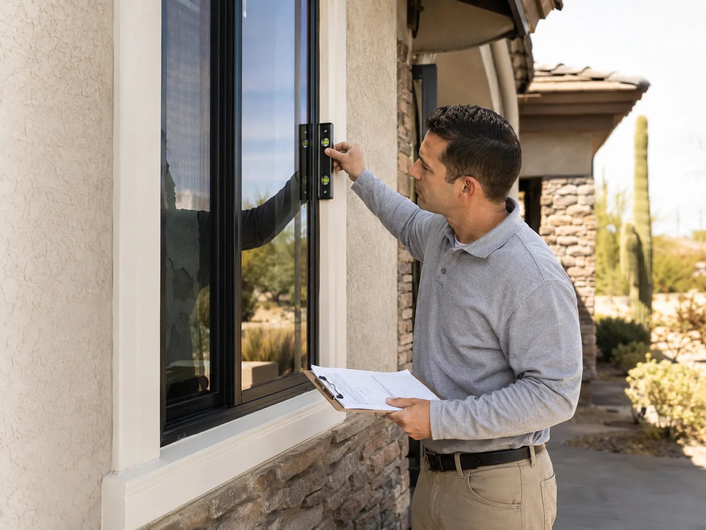 Exterior remodeling professional reviewing work with homeowners
