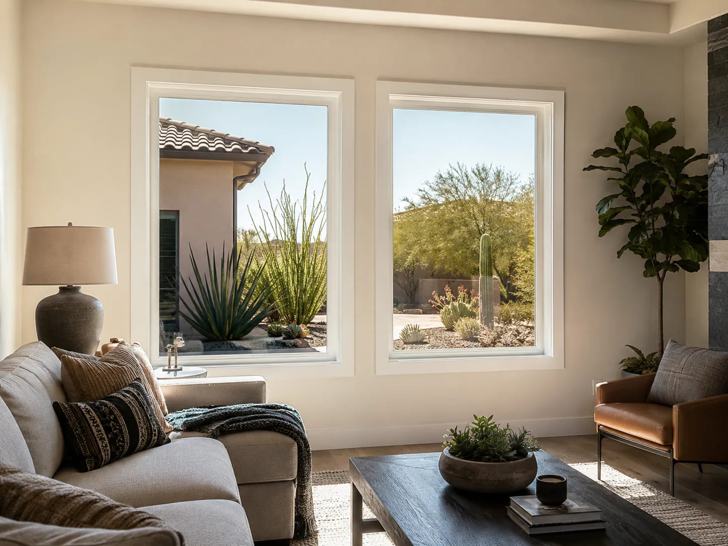 Installer working on a window at a stucco home